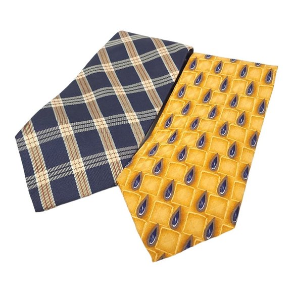 Barbara Blank J Z Richards Silk Ties Navy Plaid Yellow Paisley Lot Of 2 - Picture 1 of 10